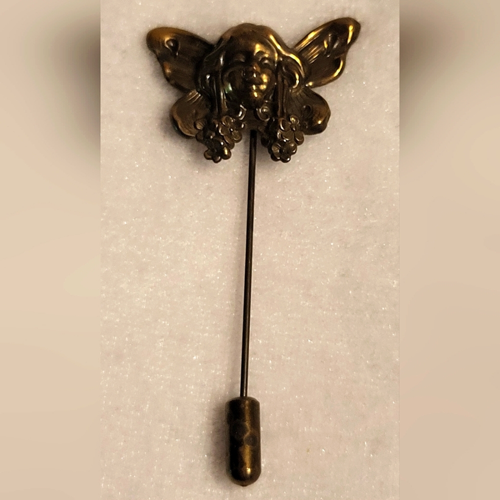 Vintage Art Nouveau Repousse Ornate Rare Cherub w Wings Brass Stick Pin
